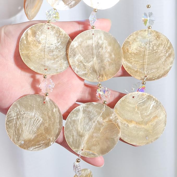Pretty Jolly Gold Tree of Life Dream Catcher Wall Decor with Citrine Crystals Unique Capiz Wind Chimes Soothing Sound Waterfall Handmade Wall Hanging Home Decor for Bedroom Wedding Party Wish Gift