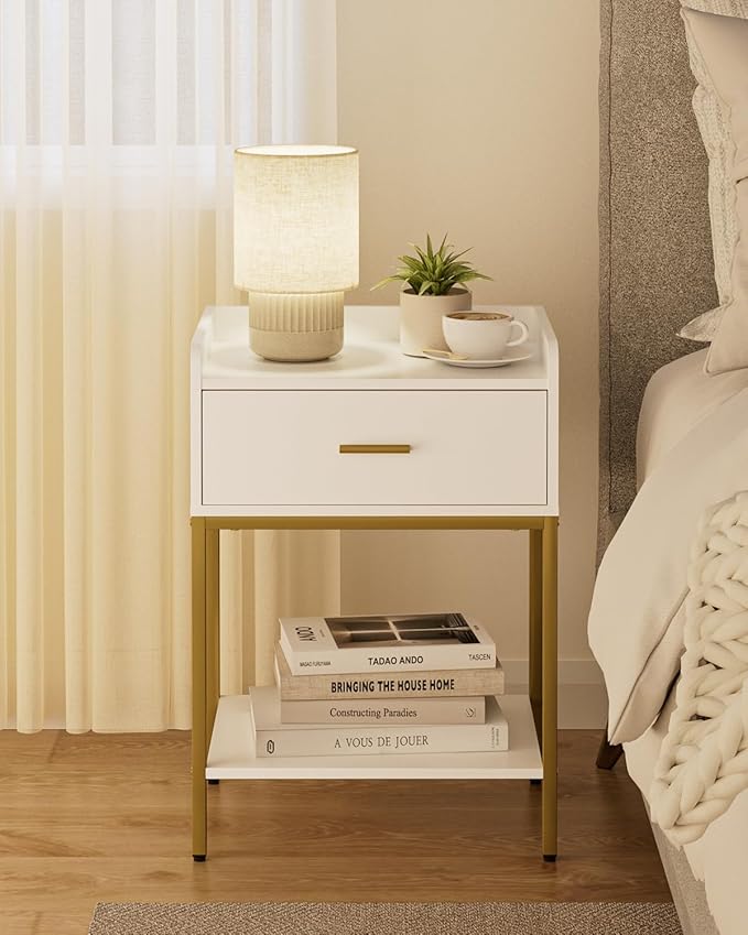 Masupu Nightstand,3-Tier Modern Bedside Night Stand with Storage Drawer and Shelf,Small End Side Table for Bedroom,Living Room,White (Without Outlet, White)