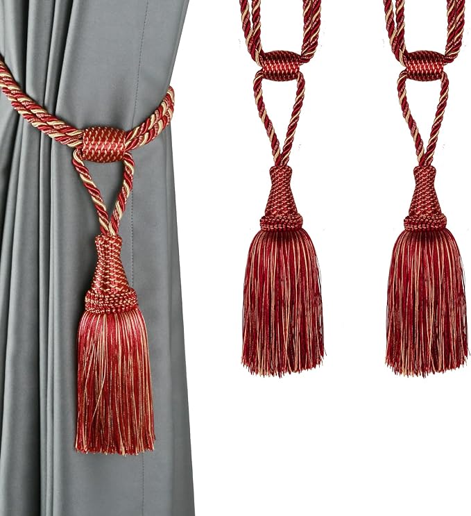 Fenghuangwu 2 Pack Curtain Tiebacks Handmade Elegant Tassel Curtain Tie Backs Holdbacks with Tassel for Home Office Decor… (Mix red)