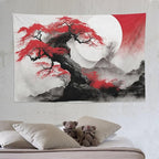 Cherry Blossoms Tapestry, Japanese Red Landscape Asian Watercolor Abstract Art, Bedroom Living Room Decor 90"x60"