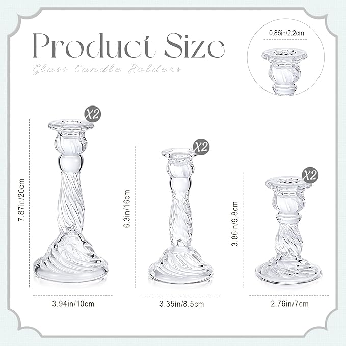 Mumufy 6 Pack Glass Taper Candle Holders Clear Candlestick Holder Fit 0.8 Inch Candles 4'' 6'' 8'' Tall Crystal Decorative Candlestick Stand Centerpiece for Table Wedding Dining Party (Spiral)