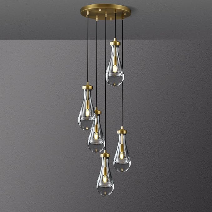 Raindrop 5 Light Cluster Pendant Light, Brass High Ceiling Chandeliers Adjustable, Living Room Pendant Light, Foyer Chandeliers, Stairwell Pendant Lights,E12 Including Bulb