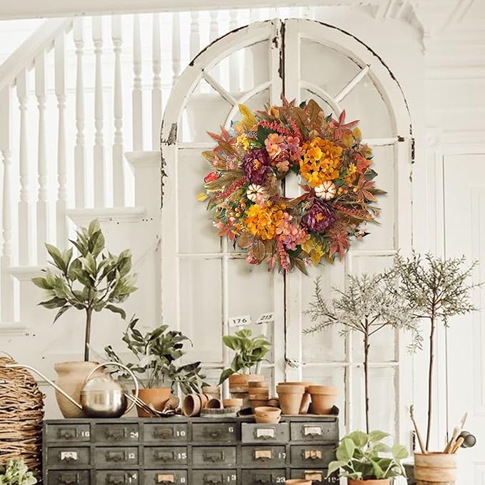 WANNA-CUL 24 Inch Fall Wreaths for Front Door with Hydrangea,Peony and White Pumpkins-Fall Decorations for Home, Fall Door Wreath Decor for Autumn,Harvest, Halloween or Thanksgiving