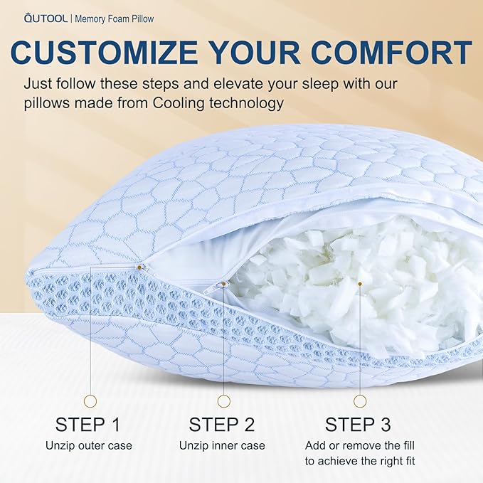 QUTOOL Enhanced Cooling Pillows for Sleeping, Shredded Memory Foam Pillows 2 Pack, Bed Pillows Queen Size Set of 2, Support Yet Soft Pillow for Side, Back Sleepers