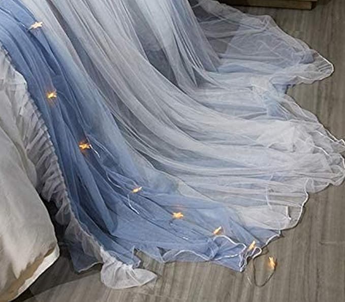 VETHIN Princess Bed Canopy for Girls,Bed Canopy Curtain- Double Layer Sheer Mesh Dome Bed Curtain- Round Lace Princess Mosquito Net Tent with led Stars String Lights(Light Gray/White1)