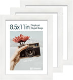 8.5x11 Picture Frame Set of 3 - White Woodgrain, Solid Wood & HD Tempered Glass, Table Display or Wall Hanging