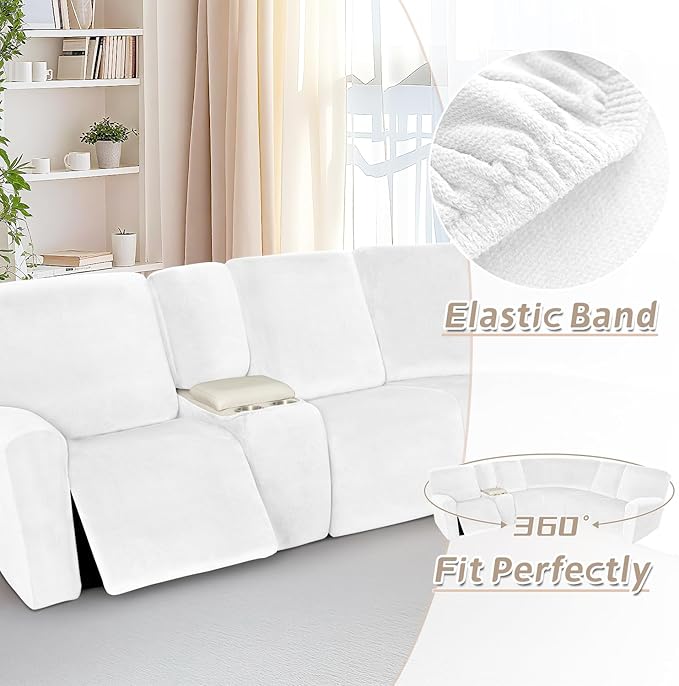 Arfntevss Sectional Recliner Couch Covers Velvet Washable Corner Sectional Sofa Cover for Reclining Stretch Soft Thick L Shape Recliner Slipcover Set (5 Seat with 1 Console Cover, Plain White)