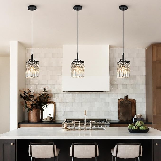 Modern Crystal Pendant Light Kitchen Island Farmhouse Lamp Adjustable Height Hanging Lighting Square Black Chandelier Suitable for Kitchen Island Dining Room and Bedroom(2Pack)