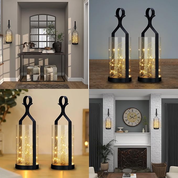 Metal Wall Sconce 35 Led Lantern Set of 2 - Black Wall Mounted Hanging Holder with Glass & Candles Vintage Wall Decor for Porch, Living Room, Dining Room, Bedroom Indoor Decor