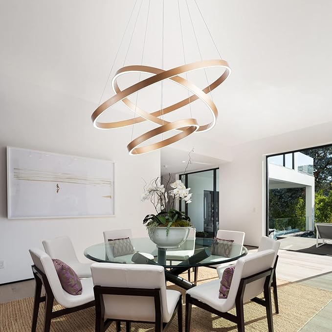 MADEM Modern LED Chandelier 3-Ring Circular Dimmable Pendant Light Contempoary Chanderlier Flush Mount Pendant Lighting for Living Room Dining Room, Bedroom,3000K-6000K,Gold