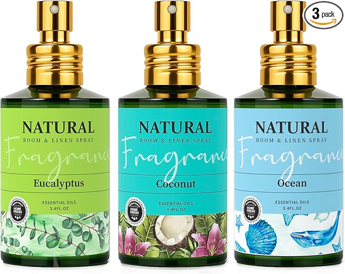 Fragrant Room Spray 3 Pack, Natural Essential Oil Air Freshener Spray for Home Bathroom and Kitchen, Eucalyptus, Ocean, Coconut Concentrated Room Spray