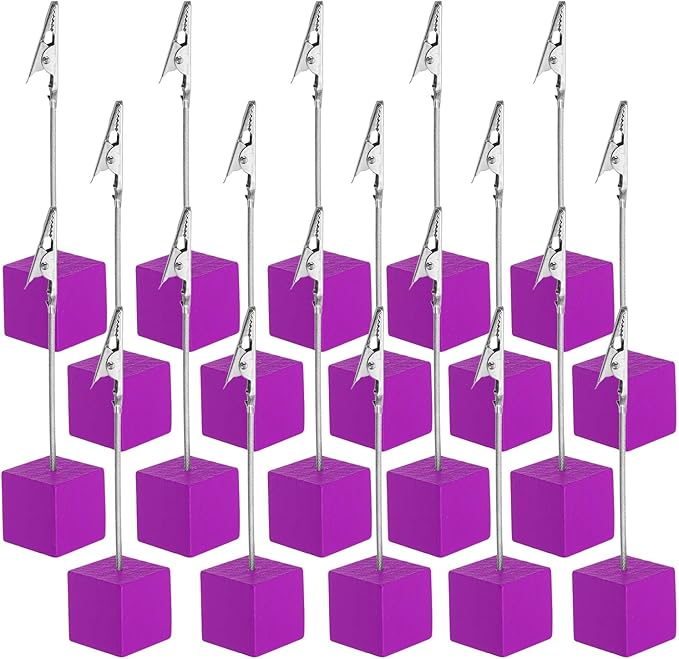 PATIKIL Place Card Holder, 20Pcs Memo Clip Holder Stand with Alligator Clasp Table Number Holders Wooden Base for Pictures Note Card Paper, Rose Red