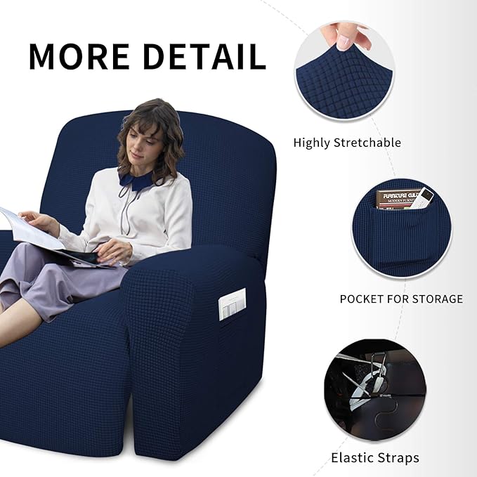 Easy-Going 4 Pieces Oversized Recliner Stretch Sofa Slipcover Sofa Cover Furniture Protector Couch Soft with Elastic Bottom Polyester Spandex Jacquard Fabric Small Checks Navy, X-Large