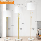 【Upgrade】 Gold Floor Lamps for Living Room, 55"-67" Height Adjustable Modern Standing Lamp with Marble Base, Pull Chain Switch, 3-Way Dimmable Tall Pole Lamp for Bedroom Office Reading, Bulb Included