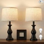 Vintage Table Lamp for Living Room Bedroom, 18.5" Farmhouse Bedside Lamps Nightstand Lamp Set of 2, Table Lamps with Oatmeal Linen Lamp Shades, 2 LED Bulbs Included, Black