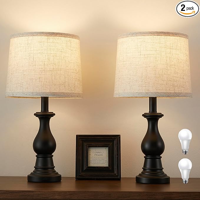 Vintage Table Lamp for Living Room Bedroom, 18.5" Farmhouse Bedside Lamps Nightstand Lamp Set of 2, Table Lamps with Oatmeal Linen Lamp Shades, 2 LED Bulbs Included, Black
