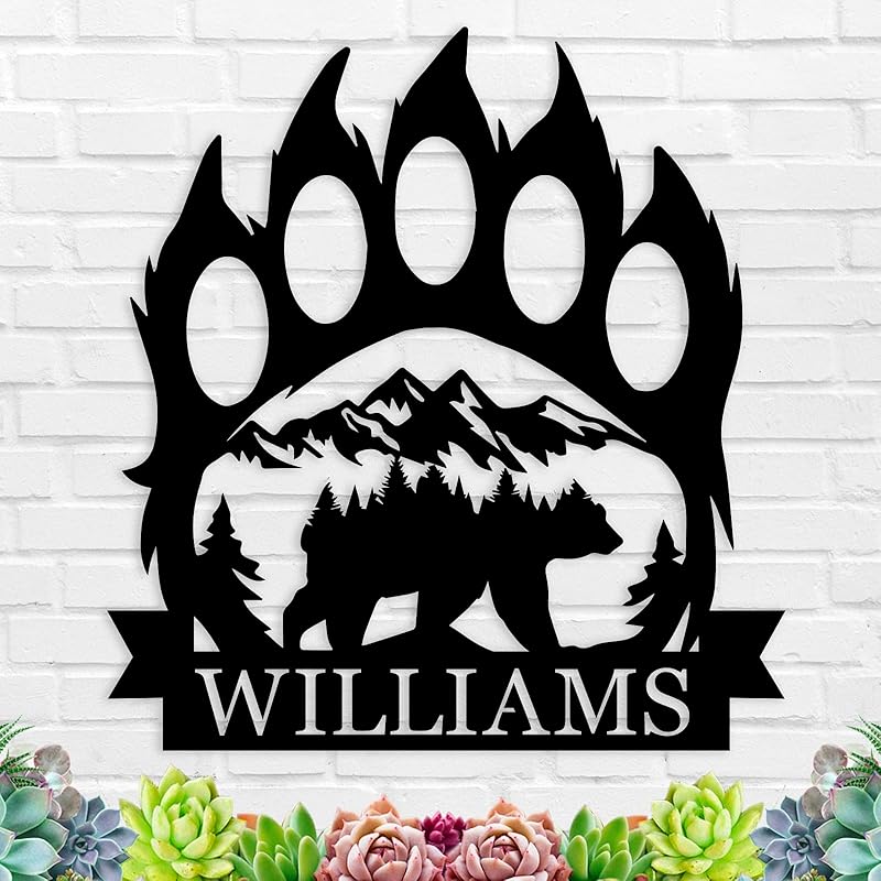 Personalized Bear Paw Metal Wall Decor, Rustic Forest Bear Wilderness Sign, Forest for Living Room Indoor Decor, Rustic Cabin Hunting Bear Paw Signs