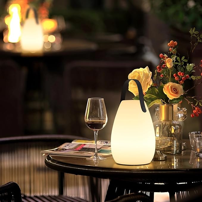 uuffoo Portable Outdoor Table Lamp - Dimmable Rechargeable Night Lights w/Remote and 7 RGB Colors, IP44 Water-Resistant Hanging Lantern for Patio, Tent, Bedroom, Garden, Emergency