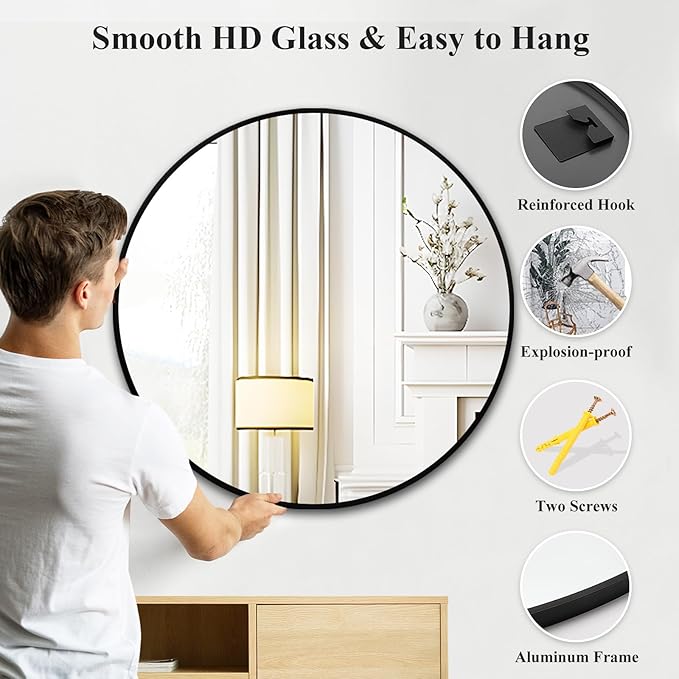 Fabuday Large Black Circle Mirror 36 Inch - Big Wall Round Mirror for Bathroom, Living Room, Bedroom, Hallyway, Matte Frame Metal Mirrors