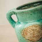 Green Rustic Ceramic Vase, 5.8 Inch Distressed Wide Mouth Vase with Ice Cracked Glazed, Farmhouse Vintage Flower Vases for Home Office Decor Living Room Bedroom Table Centerpiece Decorations