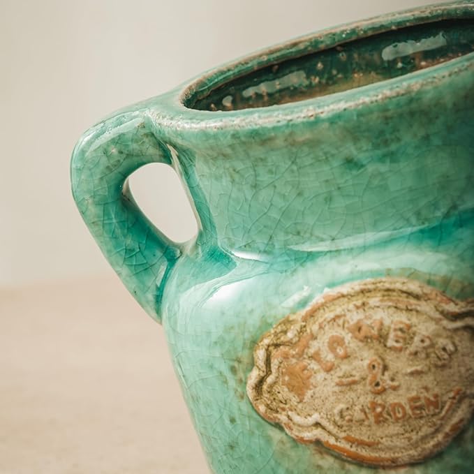 Green Rustic Ceramic Vase, 5.8 Inch Distressed Wide Mouth Vase with Ice Cracked Glazed, Farmhouse Vintage Flower Vases for Home Office Decor Living Room Bedroom Table Centerpiece Decorations