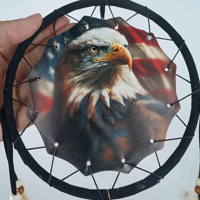Remorelt Wolf Eagle Bear Dream Catcher Bedroom Wall Decor, Christmas Home Decoration, Room Accessory, White Moon Feather Decoration - Unique Home Craft Wall Pendant (DC14 Eagle W/Flag)