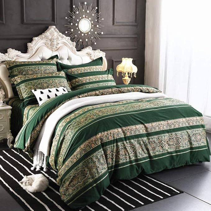 ABREEZE Bohemian Vintage King Size Floral Cotton Bedding Set 3Pcs Duvet Cover Set Boho Green Paisley 100% Egyptian Brushed Cotton Reversible Home Bedding Collection