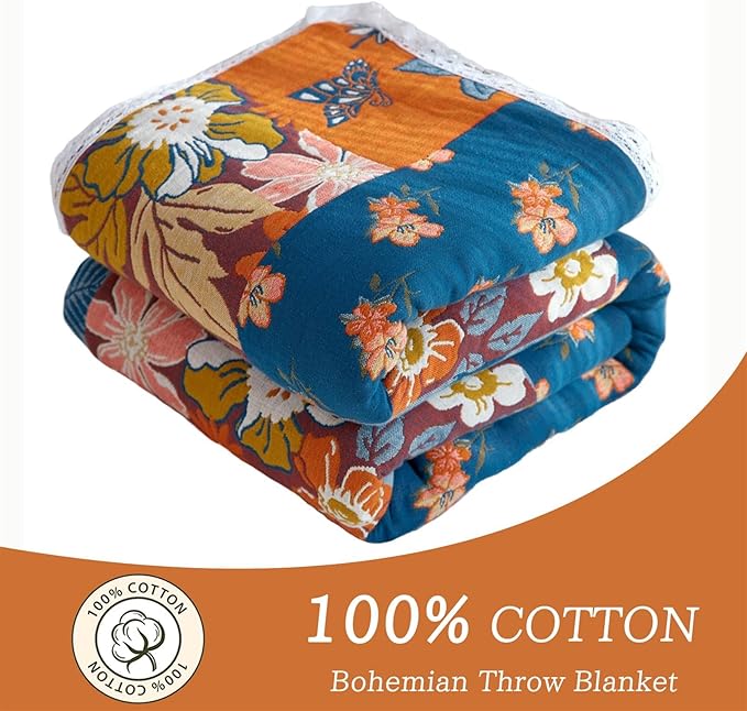 Throw Blanket for Couch Bed, 100% Cotton Muslin 60''x80'' Travel Bed Blankets Mexican Boho Quilt Flowers Blanket Lightweight Blanket Soft Warm Throws Gifts for Women Mom