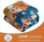 Throw Blanket for Couch Bed, 100% Cotton Muslin 60''x80'' Travel Bed Blankets Mexican Boho Quilt Flowers Blanket Lightweight Blanket Soft Warm Throws Gifts for Women Mom