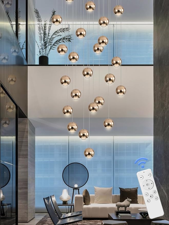 Farmhouse Crystal Chandelier, Luxury Hanging Lights High Ceiling Pendant Lighting for Foyer Staircase 24 Lights Gold Chandelier Dimmable 2700k-6000k