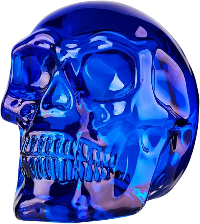 Crystal Halloween Skull Skeleton Decor, Blue Glass Skull Gifts for Men Home Decorations with Gift Box, Art Glass Day of The Dead Skull Halloween Paperweights Collectibles (Blue)