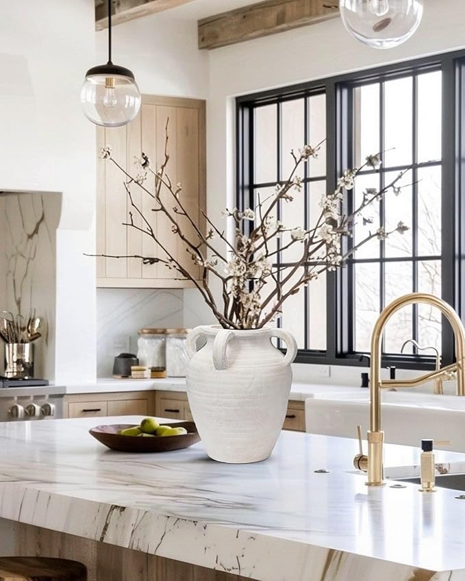 Handcrafted Flower Vase, 9.8" Tall Terracotta Vase, Vintage White Ceramic Vase, Rustic Antique Decor with 4 Handles, Wide Mouth, Matte Finish for Home Office Resto Café Décor