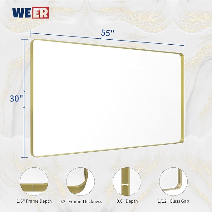 WEER Gold Bathroom Mirror, 55X30 Inch Brushed Gold Metal Frame Mirror, Rounded Rectangle Gold Bathroom Vanity Mirror for Wall, Tempered Glass, Anti-Rust, Hangs Horizontally or Vertically
