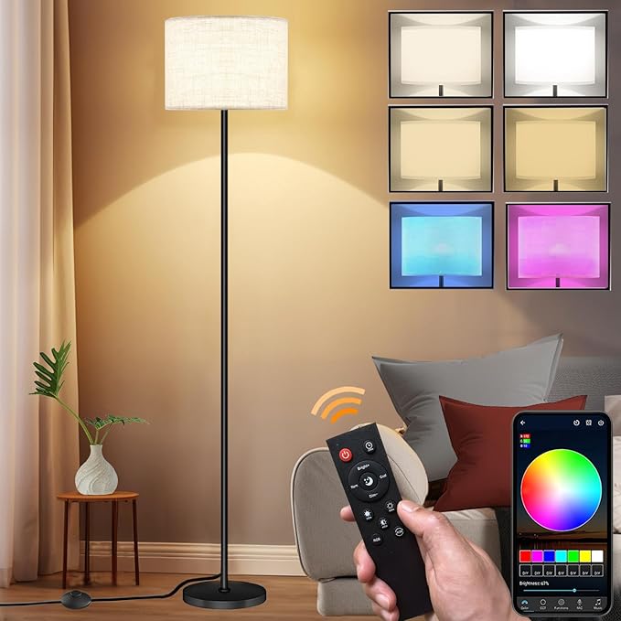 Smart LED Floor Lamp with APP Control & RGB Colors - Dimmable Standing Lamp for Living Room, Bedroom, Gaming - Remote, Timer, 9W Bulb Included, 60.6" Modern Tall Lamp (Beige)