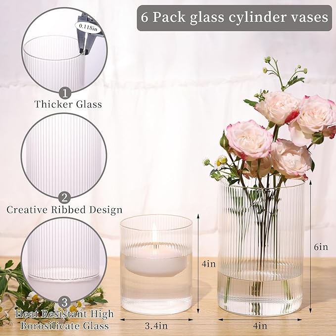 12pcs Glass Cylinder Vases for Centerpieces, Clear Ribbed Flower Vases for Wedding Decorations, Vintage Decorative Vase Set for Flowers, Hurricane Floating Candle Holder for Party Home Decor, 4''+6''