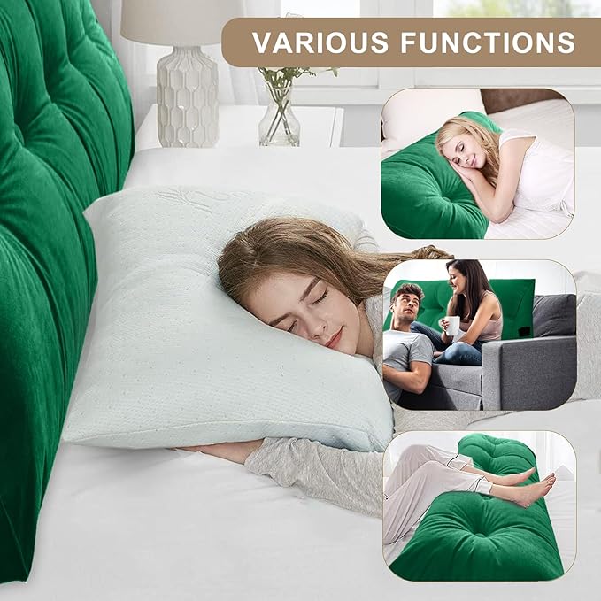 Large Triangular Headboard Pillows Long Backrest Positioning Support Bolster Cushion for Daybed Fluffy Quality Plush Body Wedge Pillow with Removable Cover(Dark green-King-76x8x20in)