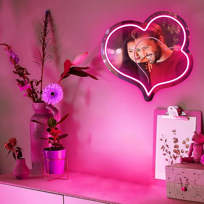Pink Heart Acrylic Mirror Neon Signs,Dimmable Heart Shaped Mirror with Neon LED Lights,USB Powered Neon Sign Wall Decor Art Neon Light For bedroom,Family,Wedding,Bar,Party Decor