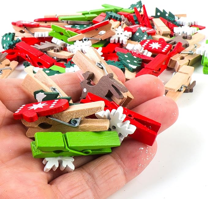 Mini Christmas Wooden Clips 60PCS, Christmas Photo Clips, Christmas Tree Clothespins for Christmas Hanging Photos and Party Decorations