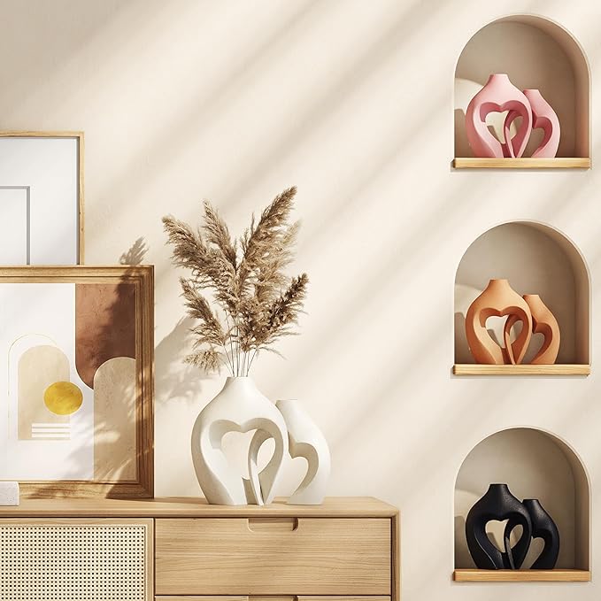 White Vases for Decor, Heart Shaped Ceramic Vase Set of 2, Nordic Heart Shaped Vases, Minimalist Decorative Vase for Table Centerpiece Wedding Dining Living Room Office House Decoration