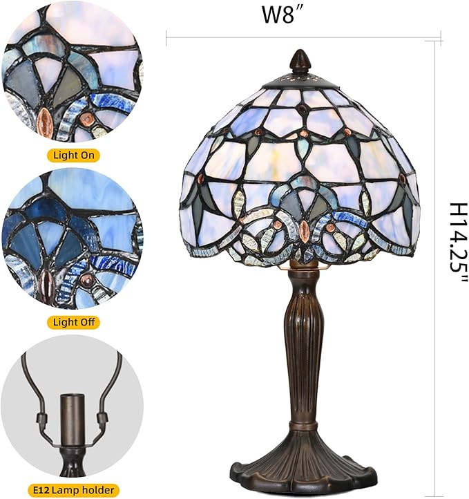 TL0006 Tiffany Lamp Baroque Design Stained Glass Table Lamp for Living Room Bedroom Bedside Nightstand Home Office, 8" D x 14.25" H, LED Bulb Included (Blue Baroque)