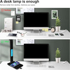Desk Lamp with Wireless Charger，USB Charging Port, Dimmable Office Desk Light with Clock, Alarm, Date, Temperature, Foldable Lamp for Table Bedroom Bedside Office (Black, Standard Size-13.3 inch)