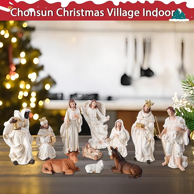 Nativity Set 8.3 Inch 11 PCS Large Christmas Village Nativity Scene Indoor Collectible Bulidings Nativity Sets & Figures Vintage Xmas Holiday Decorations Displays for Room Desktop Decor