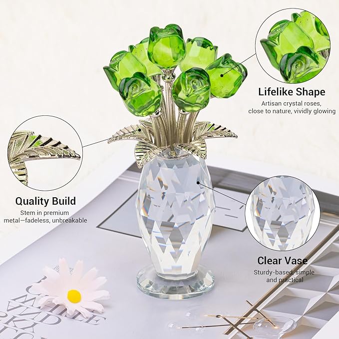 Glass Rose Flowers, Crystal Glass Figurines Rose Decorations for Home Gifts for Mom Wife Grandma, Crystal Flowers Collectible Ornament Mother's Day Thanksgiving Anniversary Birthday Gifts (Green Rose)
