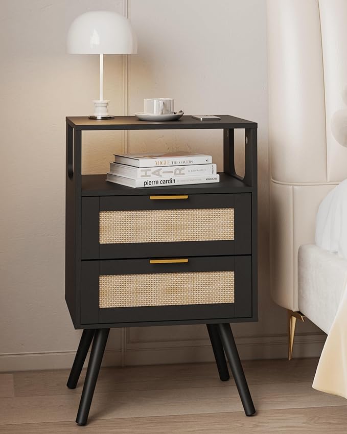Rattan Nightstand,Farmhouse Bedside Table with 2 Storage Drawer and Open Wood Shelf, for Bedroom and Small Spaces,Night Stand with Solid Wood Legs (Black)