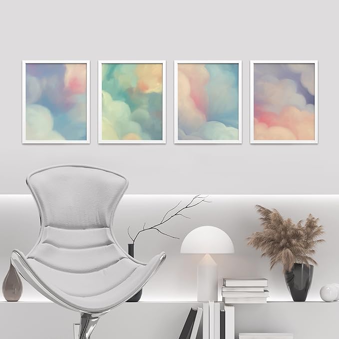 SIGNWIN Framed White Pastel Watercolor Rainbow Sky Clouds Wall Art, Set of 4 Abstract Geometric Wall Decor Prints, Nature Wilderness Wall D¨¦cor for Living Room, Bedroom - 12"x16" White