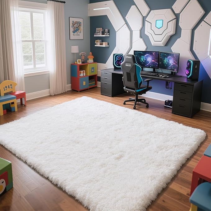 Fluffy Rug Shaggy Area Rug, White 5x8 Area Rugs for Bedroom, Small Bedside Rug, Soft Fluffy Shaggy Entryway Throw Rugs for Living Room Bedroom Kids Room Home Decor