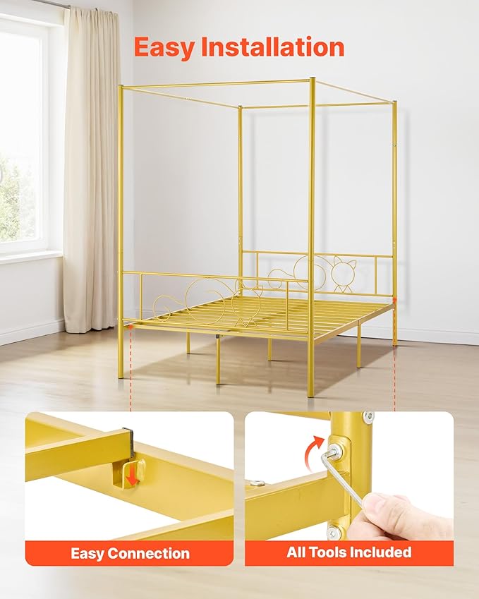 VEVOR Canopy Bed Frame Full Size, Metal Canopy Bed with Minimalist Headboard & Four Posters Design, Heavy Duty Steel Slats Support, Underbed Storage Space, No Box Spring Needed, Easy Assembly, Gold