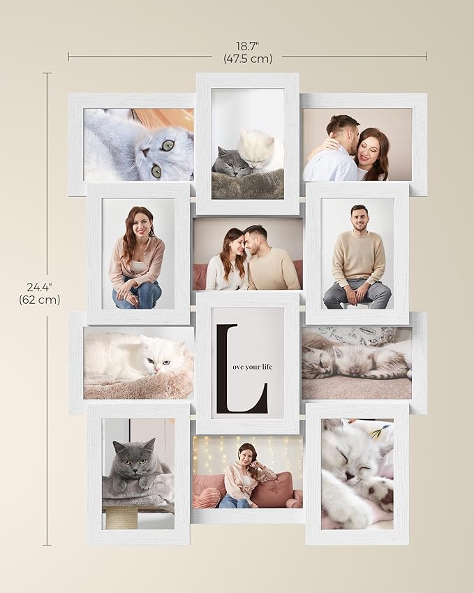 SONGMICS Collage Picture Frames, 4x6 for Wall Decor Set of 12, Multi Family Photo for Gallery Decor, Hanging Display, Assembly Required, Cloud White URPF026W01