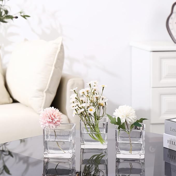 Square Flower Vases Set of 9, 3"x 3"x 3" Glass Vases for Centerpieces, Clear Vase for Flowers, Small Vase for Wedding, Party, Home Office Decoration