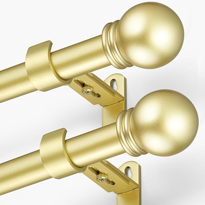 Curtain Rods for Windows 16 to 136 Inches, Curtain Rod Max Adjustable Length of 144 IN, 6/8" Diameter Drapery Rods Round Finials, Warm Gold, Pack of 2